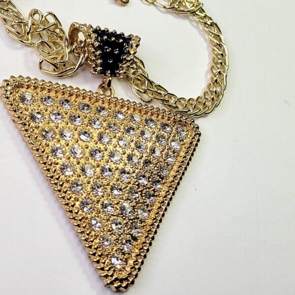 Gold and Crystal Triangular Pendant Bib Choker Necklace - Picture 6 of 13